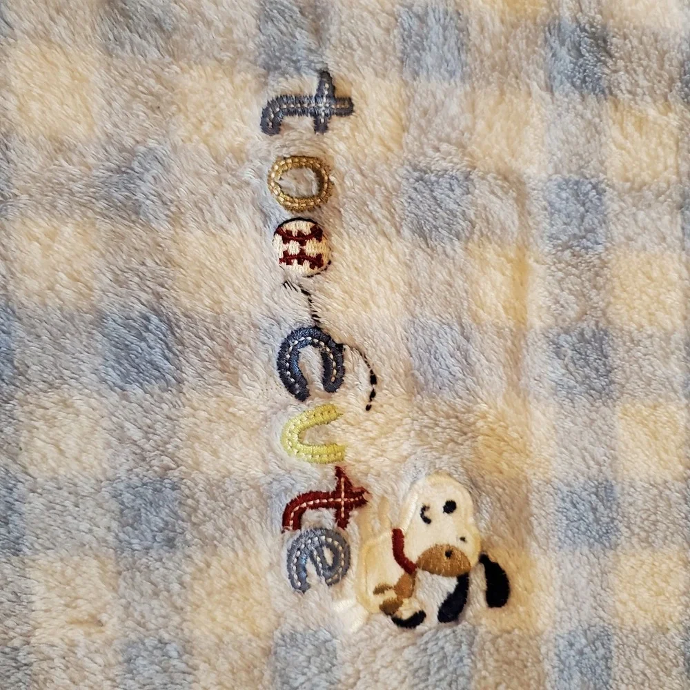 Just One Year Carters Too Cute Dog Blue White Check Plaid Gingham Baby Blanket‎